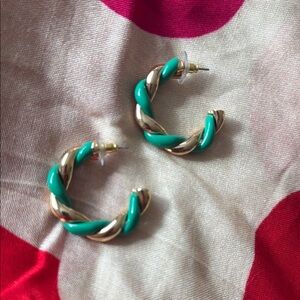 Vintage  Gold and Green Twisted Hoop Earrings